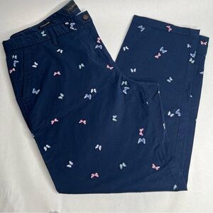 Talbots Relaxed Chino Pants Womens 14 Navy Blue Butterfly Embroidered EUC Preppy